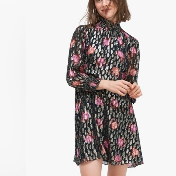 Kate Spade Rose Garden Clip metallic Floral Black long sleeve Dress medium - Picture 1 of 12